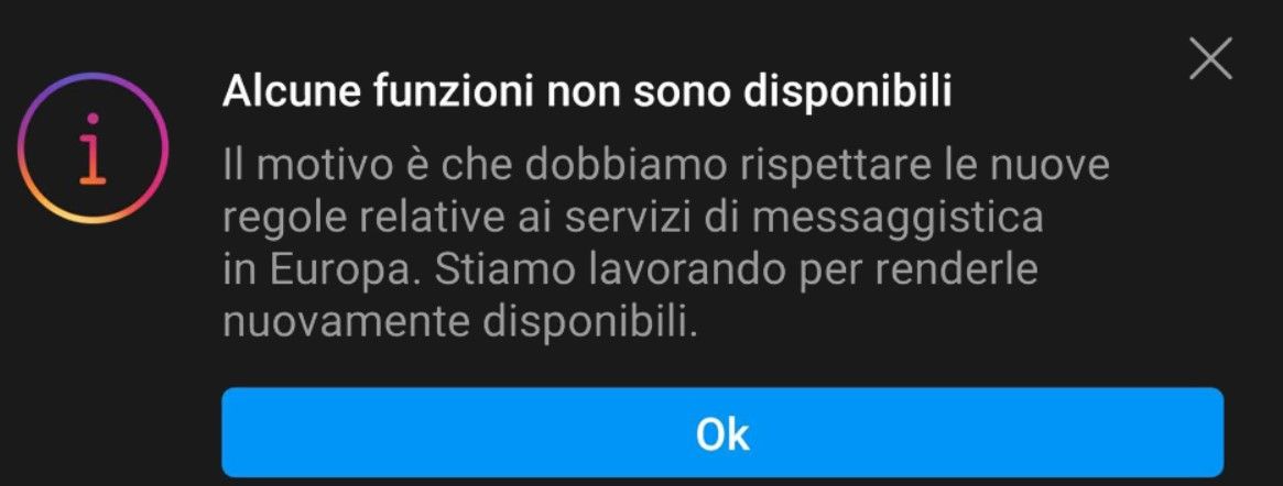 Alcune funzionalita non sono disponibili Instagram e Messenger